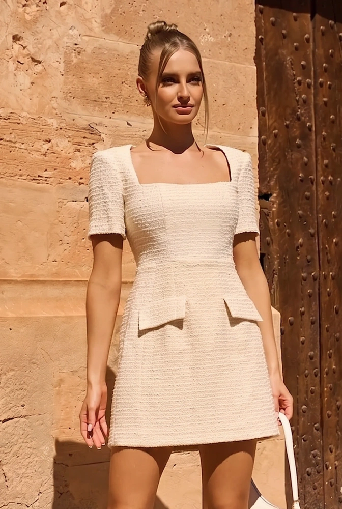 Sloane Beige - minivestido con hombreras