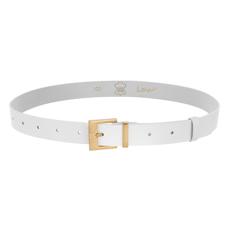 Cinturón Charo - Elegante cinturón de piel blanca con hebilla dorada y logotipo Lou