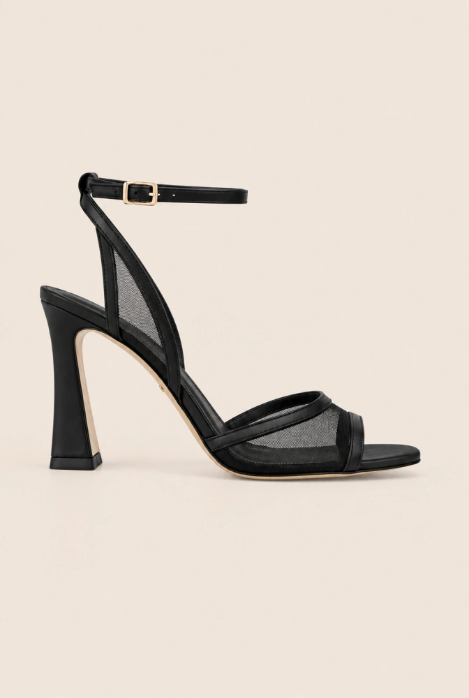 Sense – sandalias negras de tacón con malla decorativa