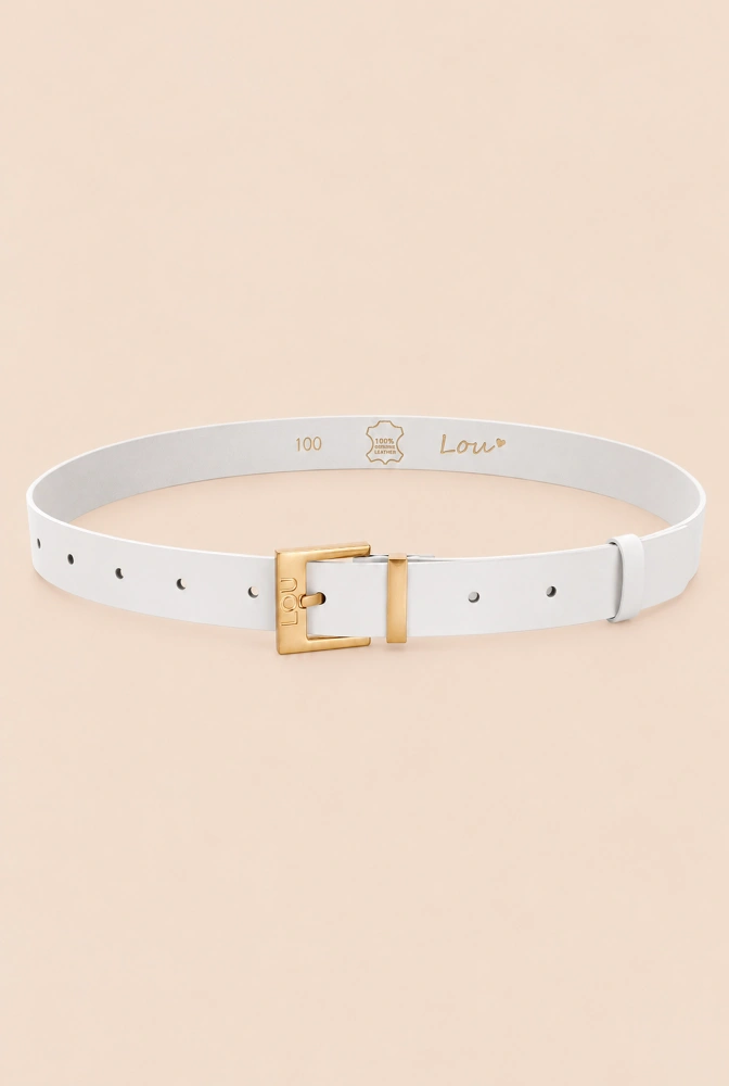 Cinturón Charo - Elegante cinturón de piel blanca con hebilla dorada y logotipo Lou