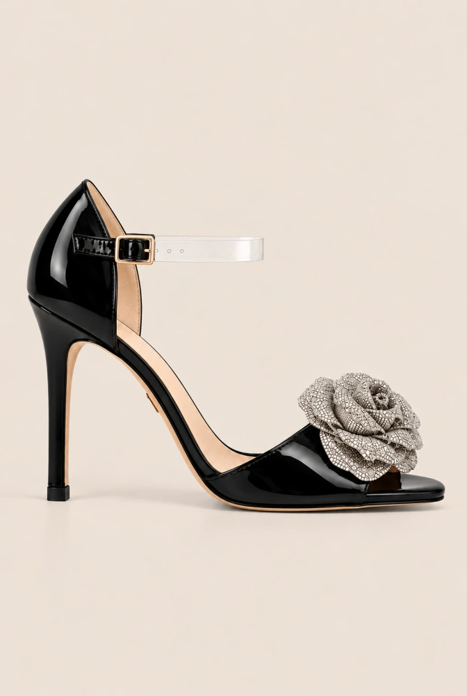 Iriza - sandalias negras con adorno de flores