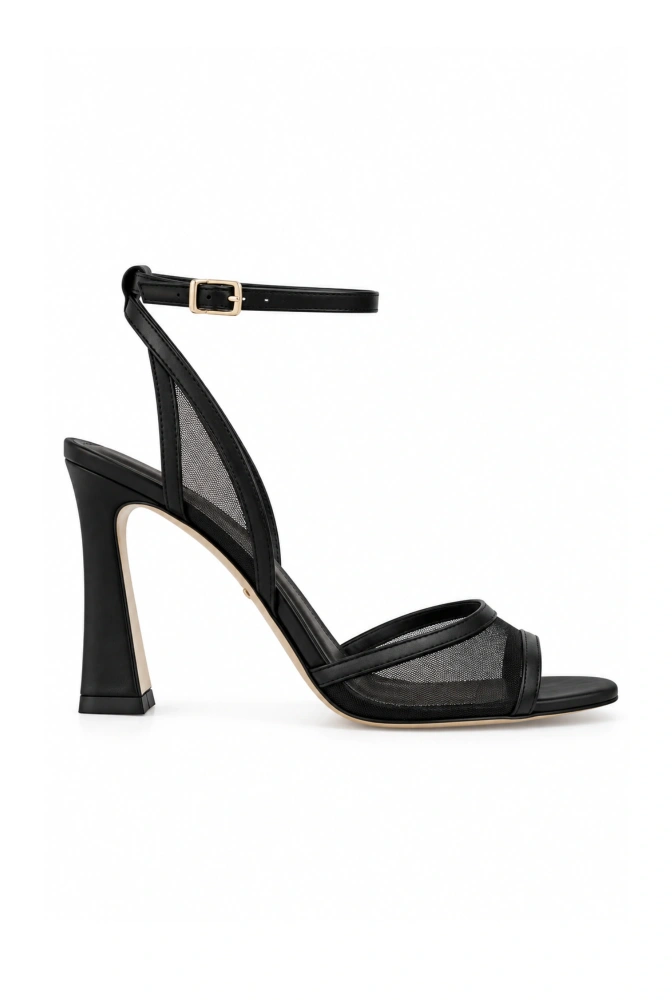 Sense – sandalias negras de tacón con malla decorativa