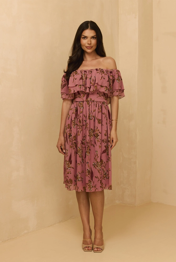Lavinia - Vestido midi en rosa sucio con estampados florales
