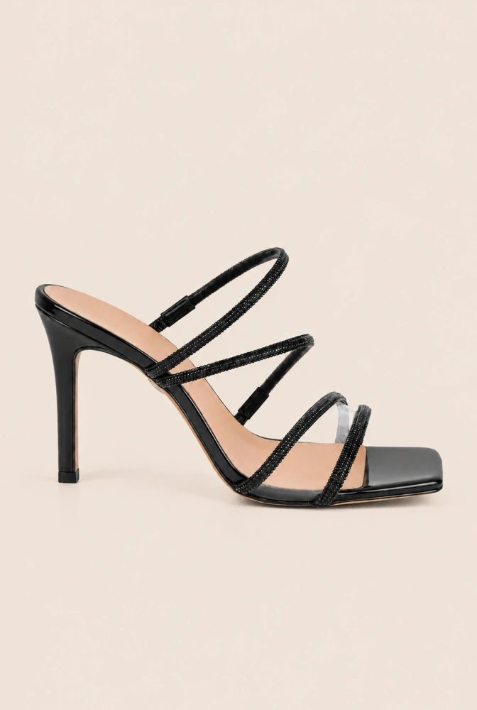 Athina - chanclas lacadas en negro con circonitas