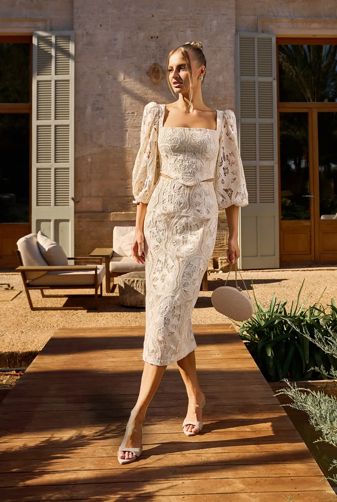 Manola - vestido midi calado de algodón crema