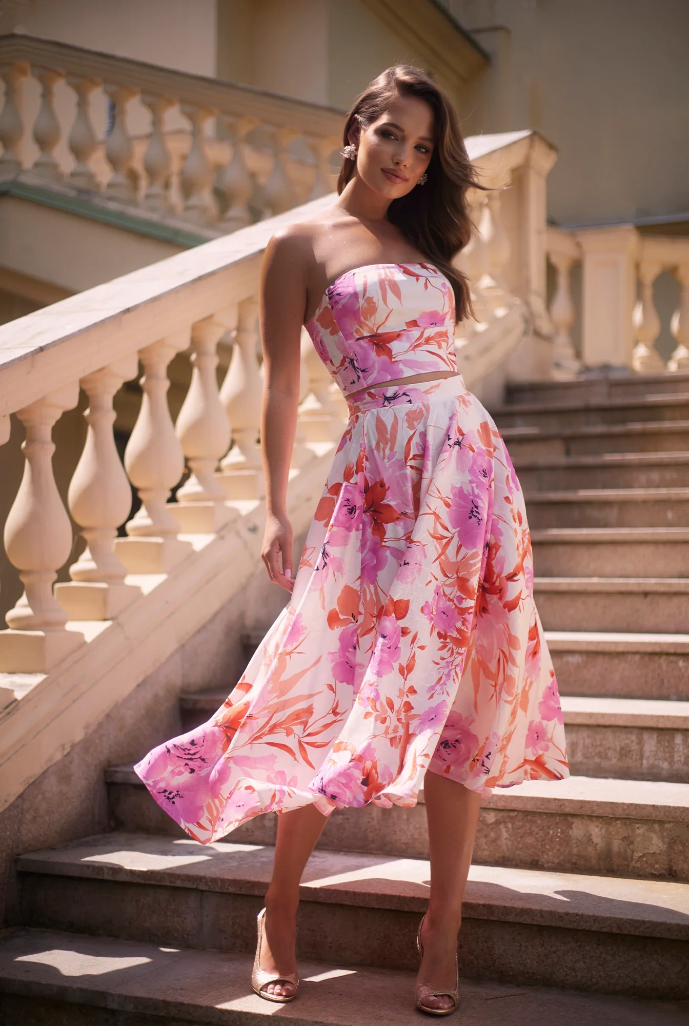 Donatella - Conjunto de falda y sujetador con escote corsé y estampado floral