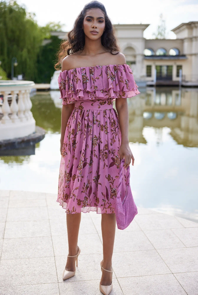 Lavinia - Vestido midi en rosa sucio con estampados florales