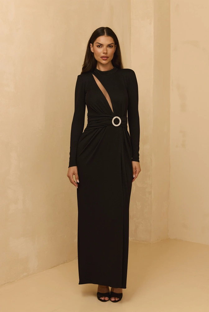 Ariana - Maxi Vestido Negro con Hebilla Adornada, Hombreras y Circonitas