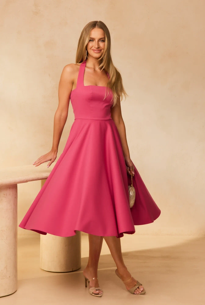 Albena – vestido midi rosa con lazada al cuello